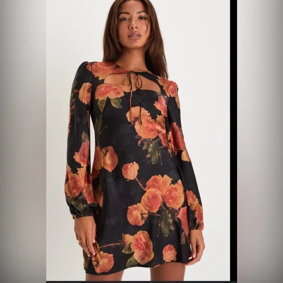 Lulu's Black and Orange Floral Long Sleeve Dress - Picture 11 of 12